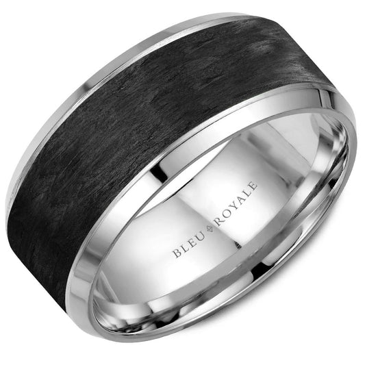 Bleu Royale Forged Black Carbon & 14K White Gold Beveled Edge 9.5MM Wedding Band