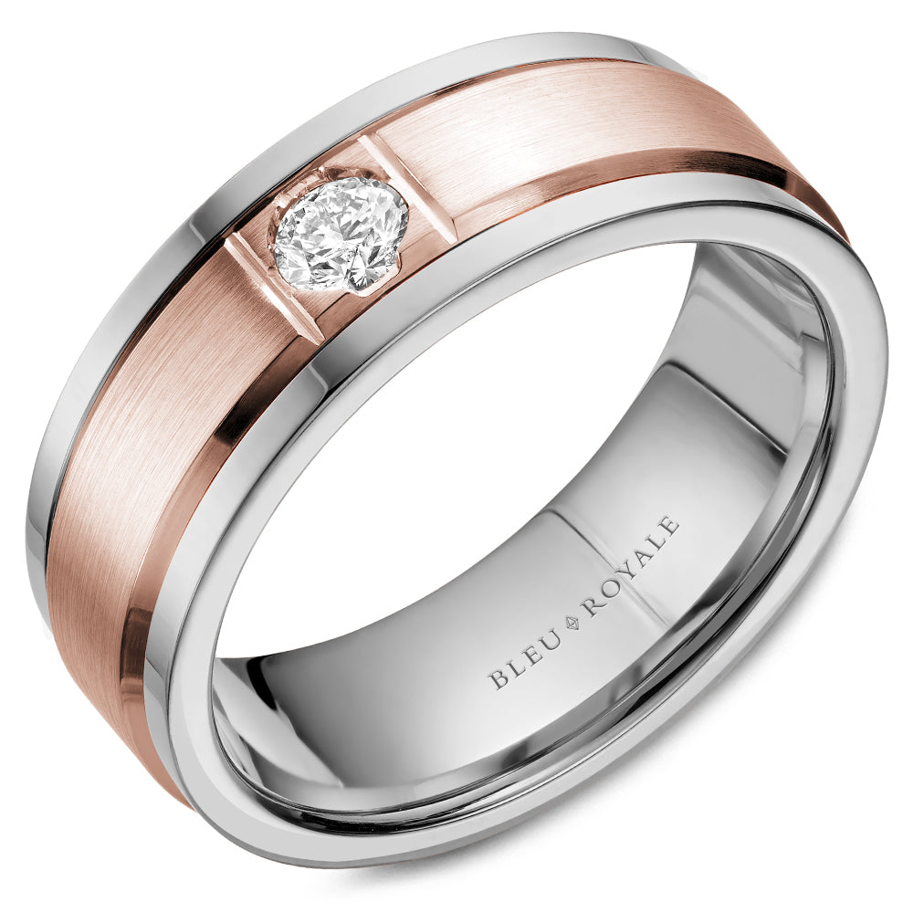 Bleu Royale Rose & White 7mm Satin Finish Two Stripe Diamond Wedding Band