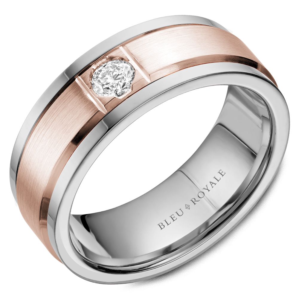 Bleu Royale Rose & White 8mm Satin Finish Two Stripe Diamond Wedding Band