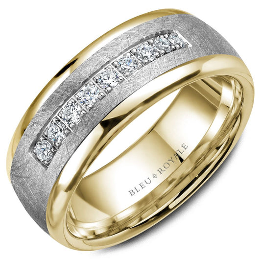 Bleu Royale Two-Tone White & Yellow Gold Diamond Brush Center Diamond Wedding Band