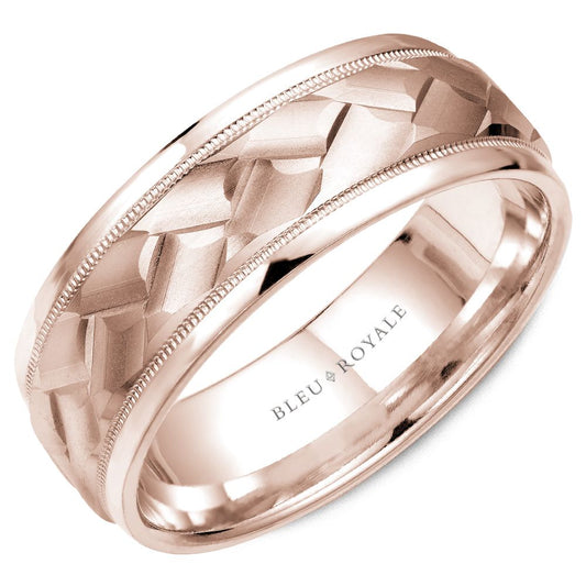 Bleu Royale Rose Gold Cross-Hatch Wedding Band with Milgrain Details