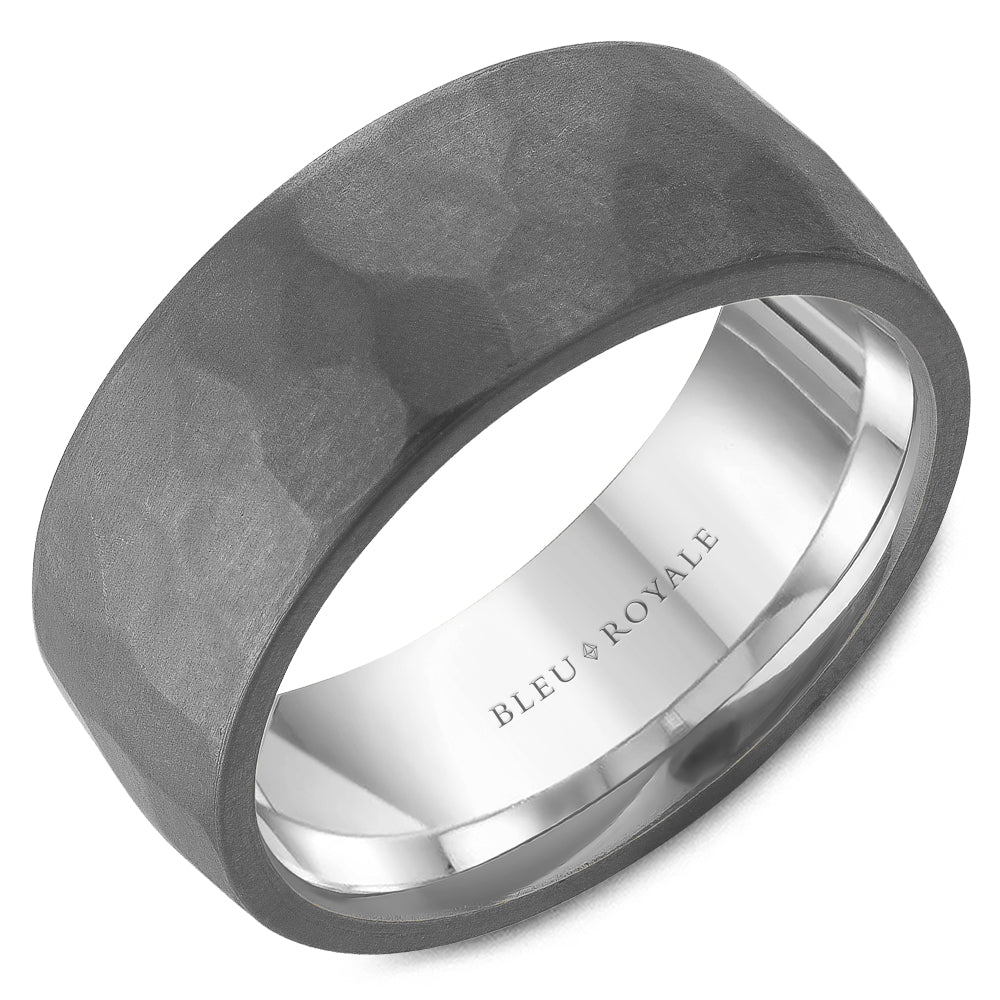 Bleu Royale 8MM White Gold Grey Frosted Hammered Tantalum Wedding Band