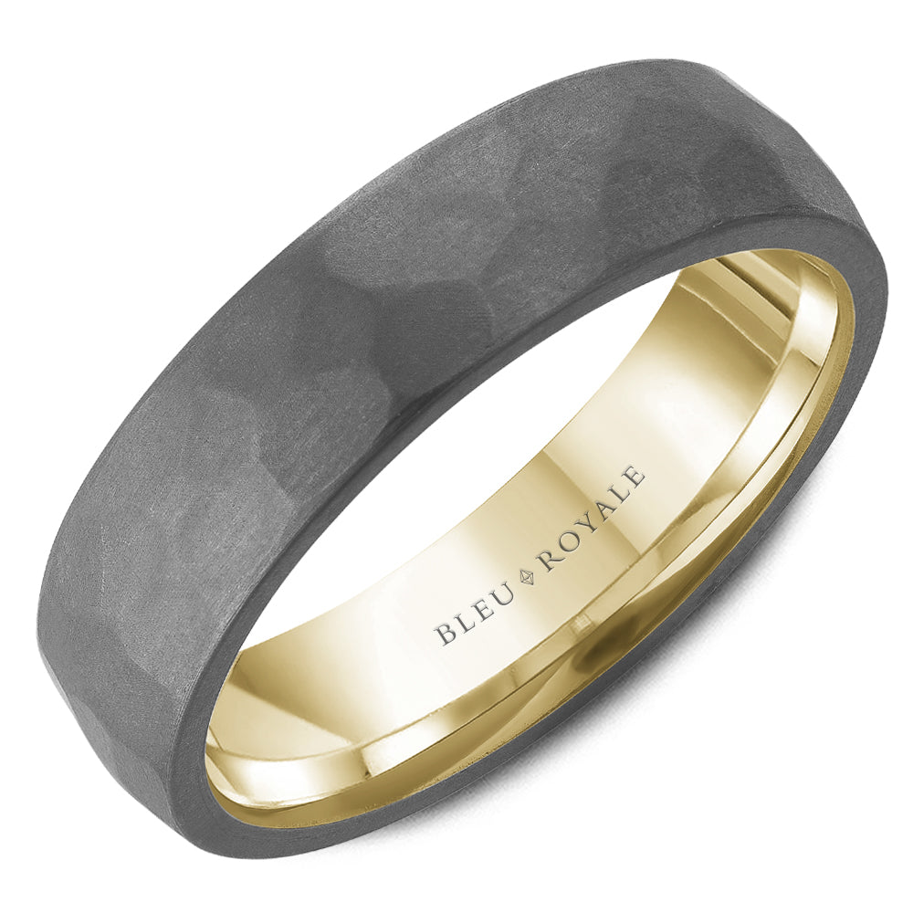 Bleu Royale 6MM Yellow Gold Grey Frosted Hammered Tantalum Wedding Band