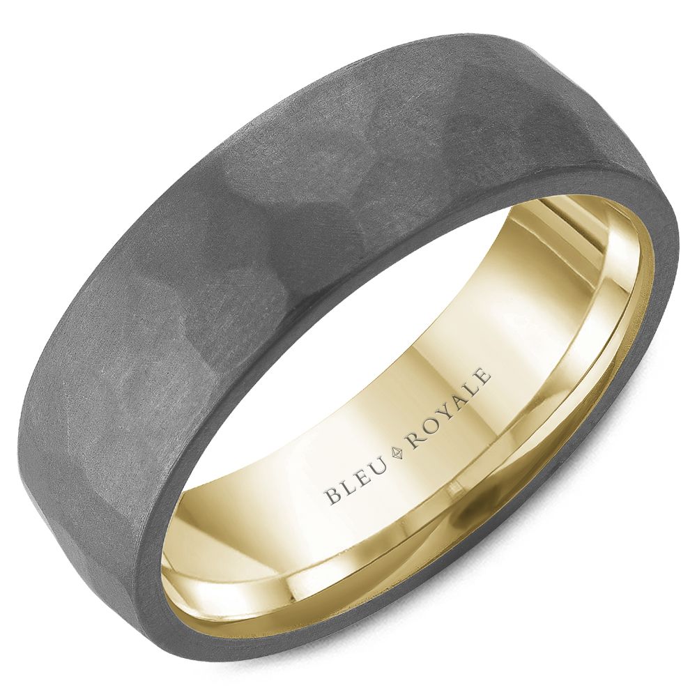 Bleu Royale 7MM Yellow Gold Grey Frosted Hammered Tantalum Wedding Band