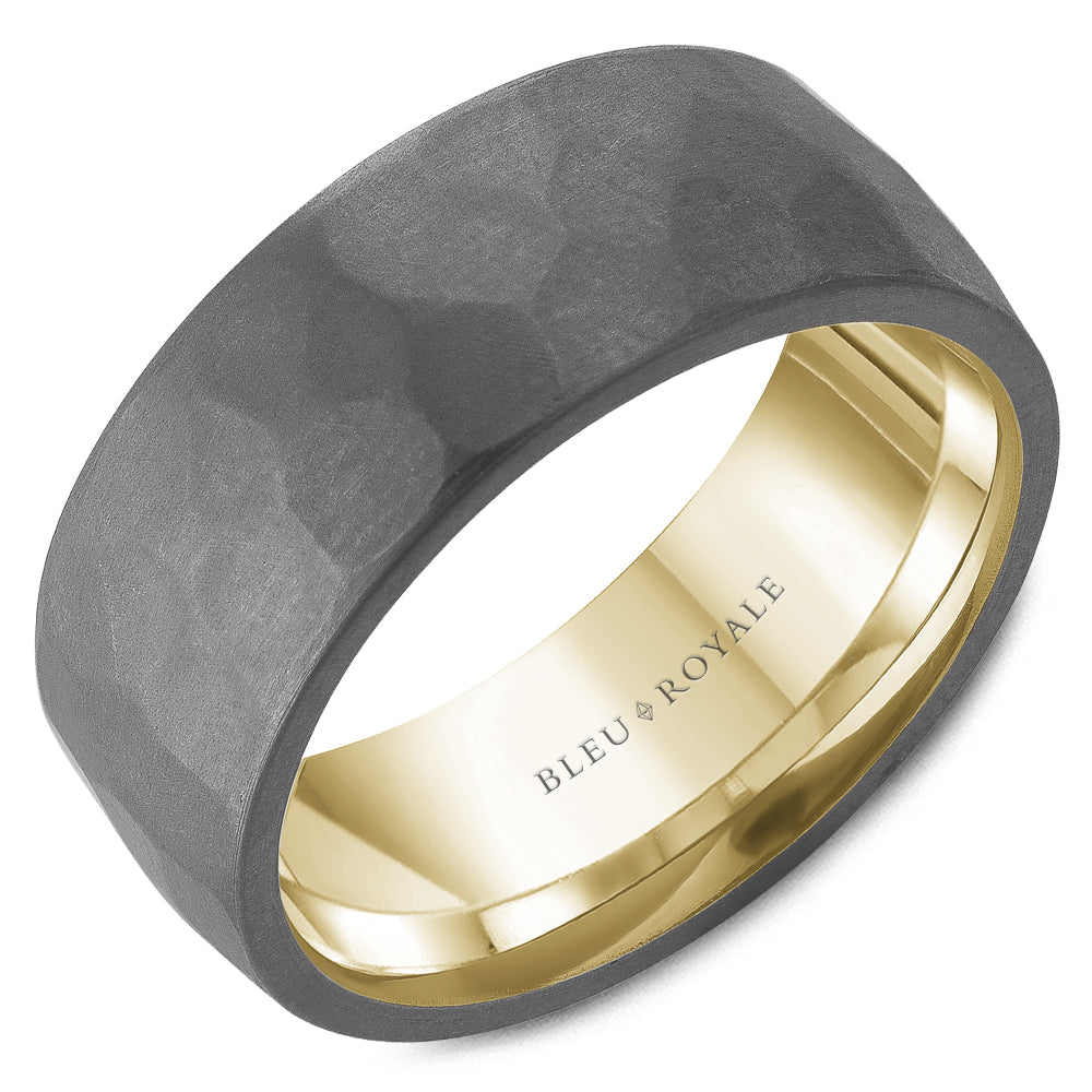 Bleu Royale 8MM Yellow Gold Grey Frosted Hammered Tantalum Wedding Band