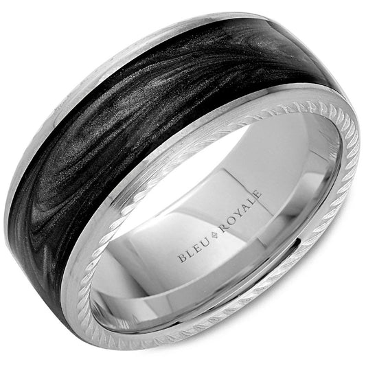 Bleu Royale White Gold Charcoal Grey Hand Painted Enamel Inlay Wedding Band