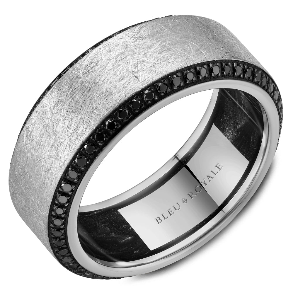 Bleu Royale 9MM White Gold Diamond Brush Finish Black Diamond Wedding Band