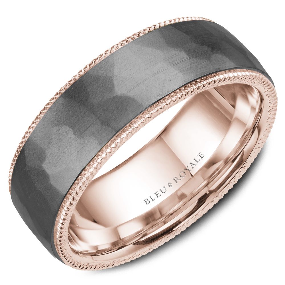 Bleu Royale 7.5MM Grey Frosted Hammered Tantalum & High Polished Rose Gold Wedding Band with High Polished Metal Inside.