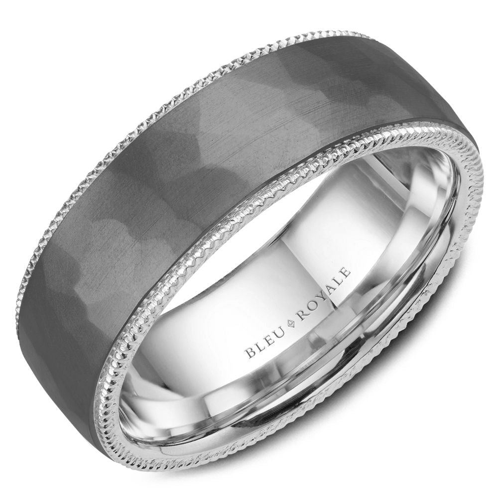 Bleu Royale Grey Frosted Hammered Tantalum & High Polished Edge Wedding Band