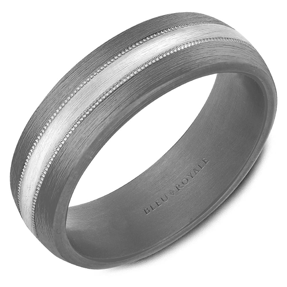 Bleu Royale 7MM Tantalum Wedding Band with a White Gold Stripe & Milgrain Detailing