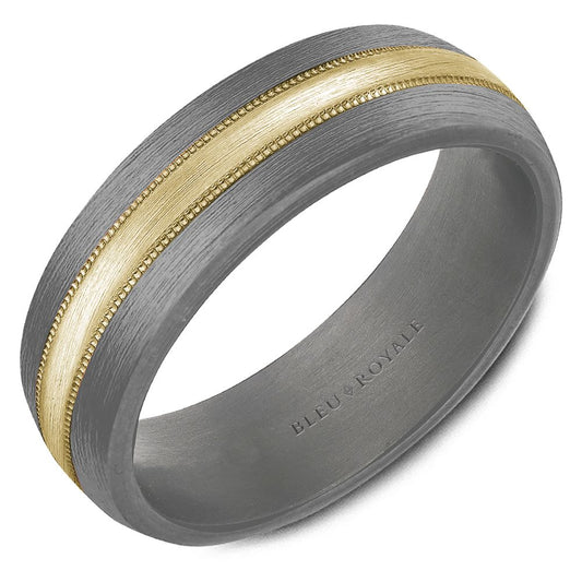 Bleu Royale 7MM Tantalum Wedding Band with a Yellow Gold Stripe & Milgrain Detailing