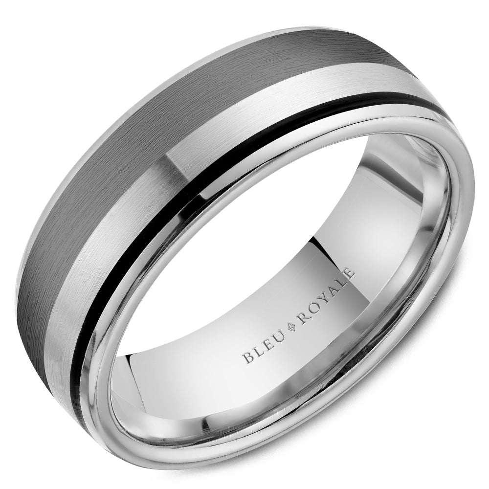 Bleu Royale 7.5 MM Wide White Gold, Tantalum & Black Enamel Stripe Wedding Band 