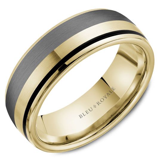 Bleu Royale 7.5 MM Wide Yellow Gold, Tantalum & Black Enamel Stripe Wedding Band 
