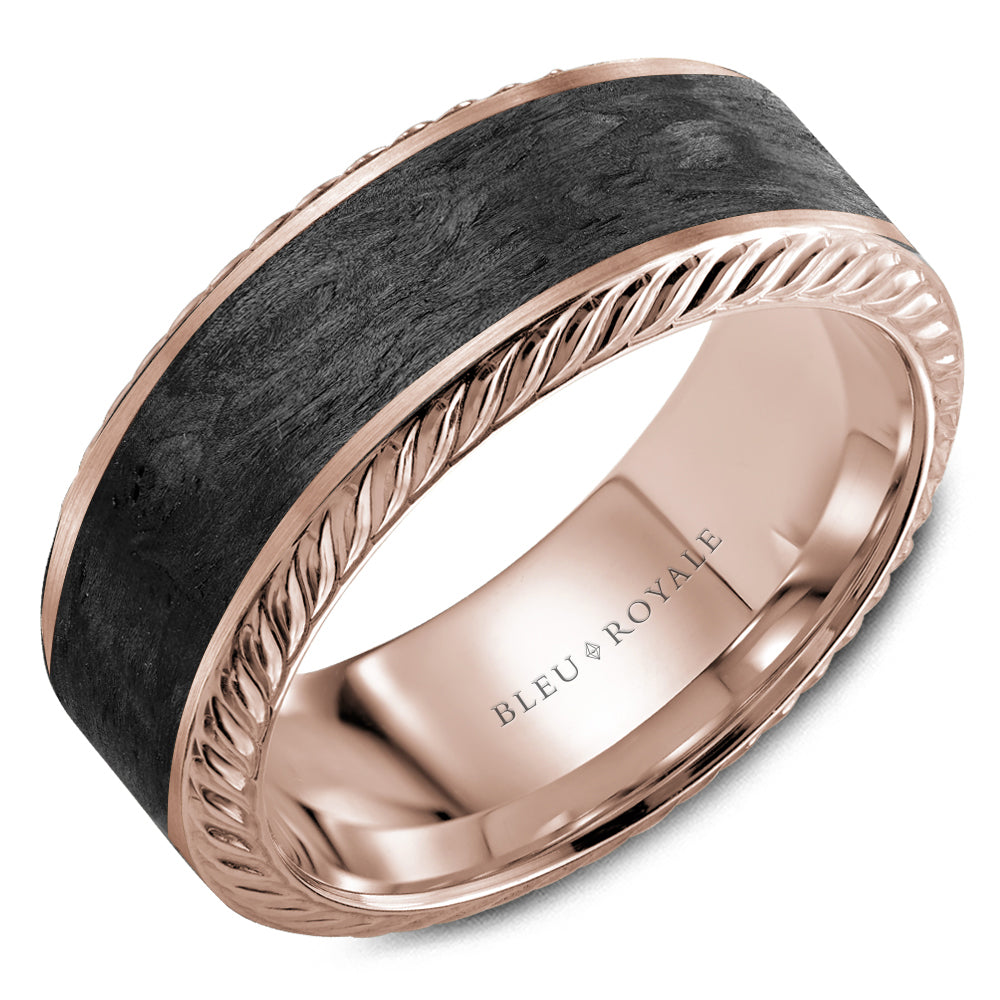 Bleu Royale Rose Gold Black Carbon & Rope Texture Wedding Band