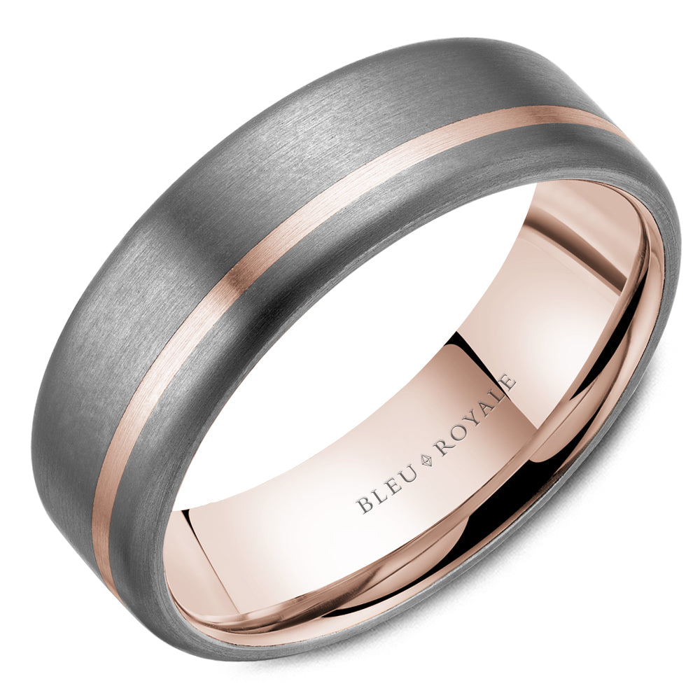 Bleu Royale Rose Gold 7MM Wide High Polished Band with Brushed Tantalum Finish Wedding Band