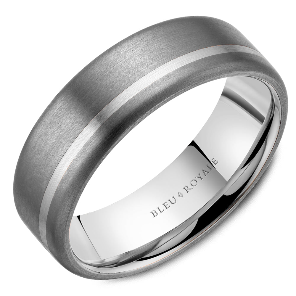 Bleu Royale White Gold 7MM Wide High Polished Band with Brushed Tantalum Finish Wedding Band