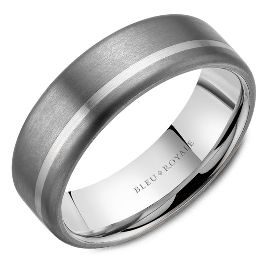 Bleu Royale White Gold 7MM Wide High Polished Band with Brushed Tantalum Finish Wedding Band