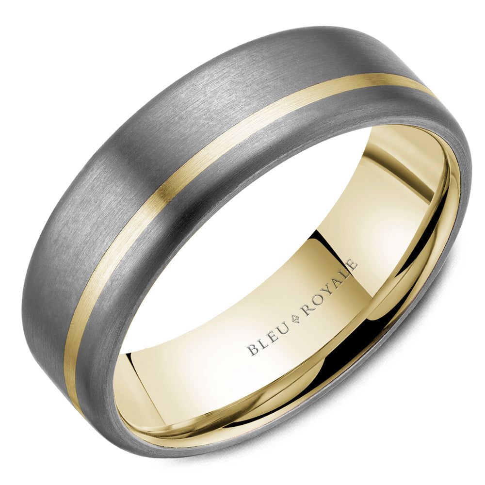 Bleu Royale Yellow Gold 7MM Wide High Polished Band with Brushed Tantalum Finish Wedding Band