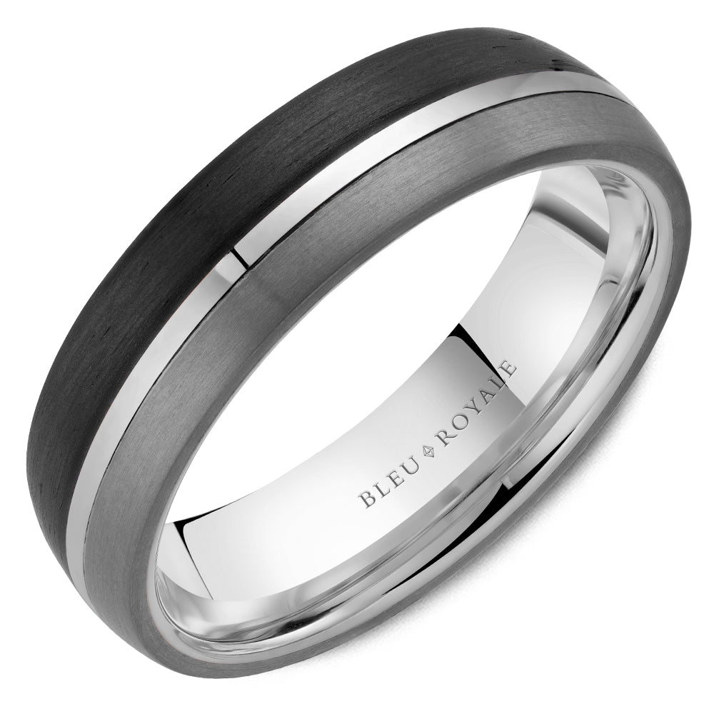 Bleu Royale 6 MM Three-Tone White Gold, Forged Carbon & Tantalum Stripe Wedding Band