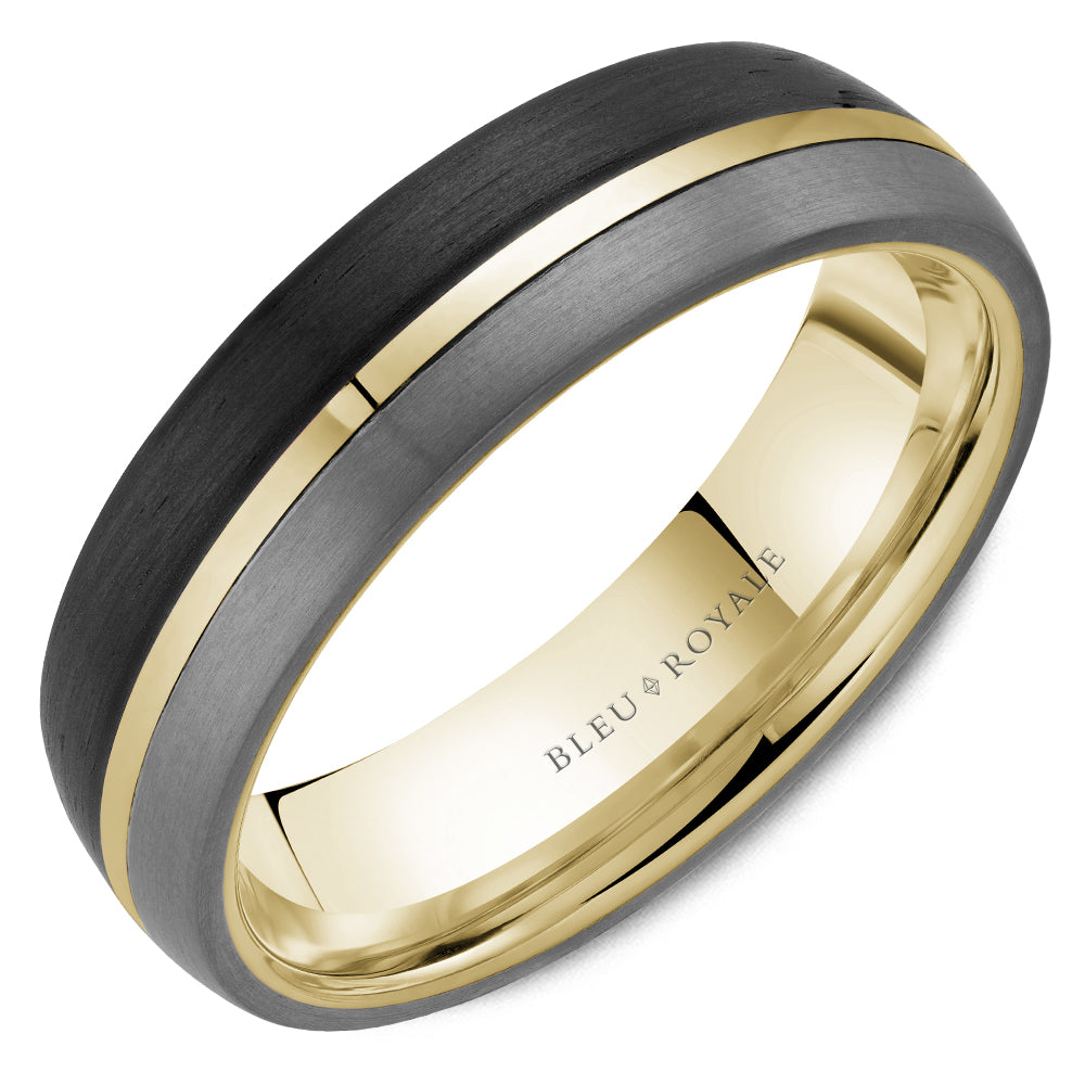 Bleu Royale 6 MM Three-Tone Yellow Gold, Forged Carbon & Tantalum Stripe Wedding Band