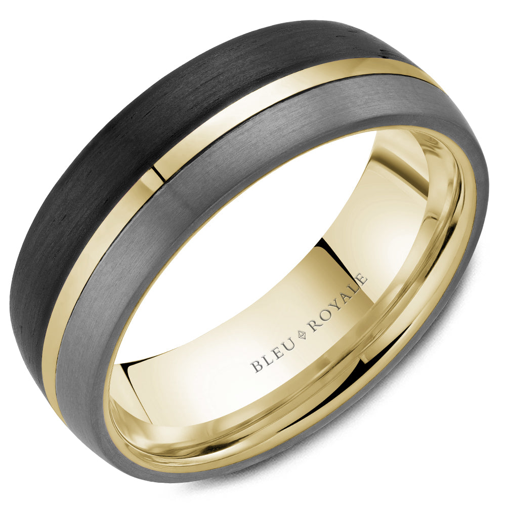 Bleu Royale 7.5 MM Three-Tone Yellow Gold, Forged Carbon & Tantalum Stripe Wedding Band