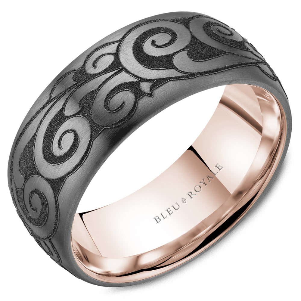 Bleu Royale Tantalum & Rose Gold Laser Engraved Scrollwork Wedding Band