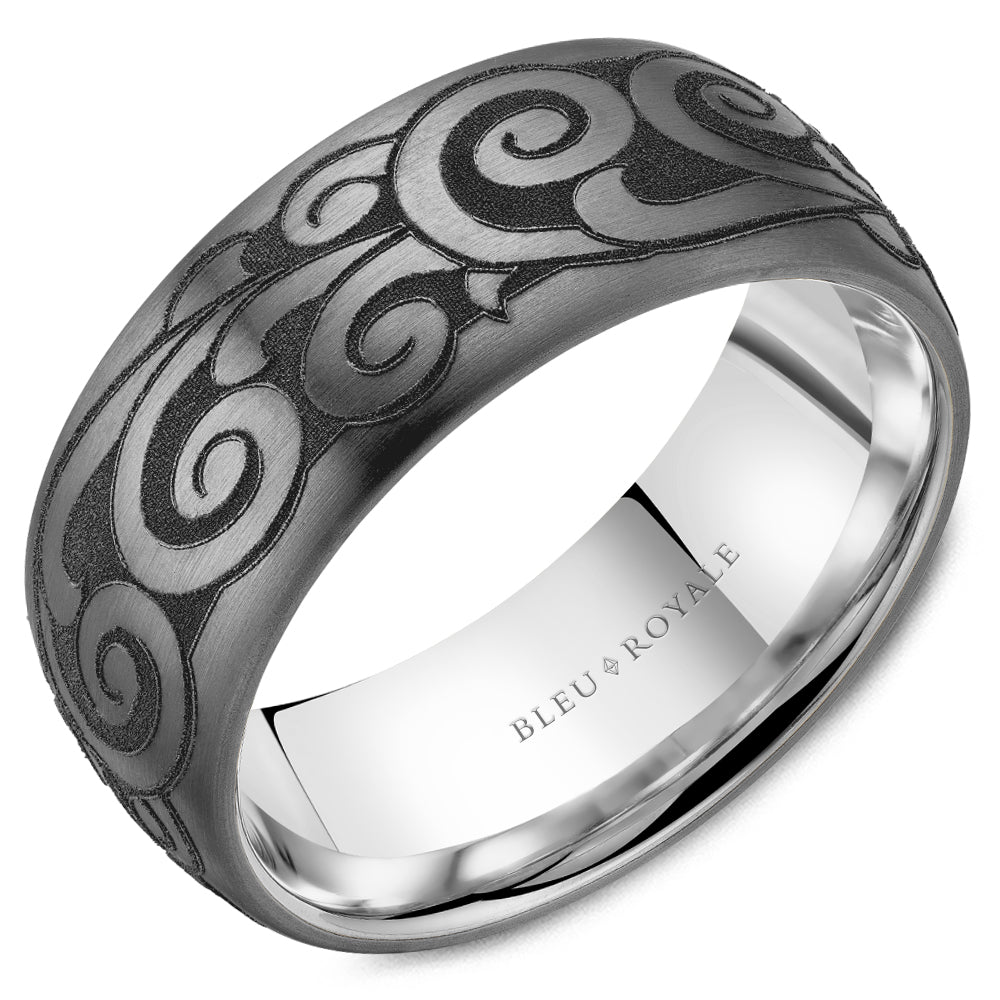 Bleu Royale Tantalum & White Gold Laser Engraved Scrollwork Wedding Band