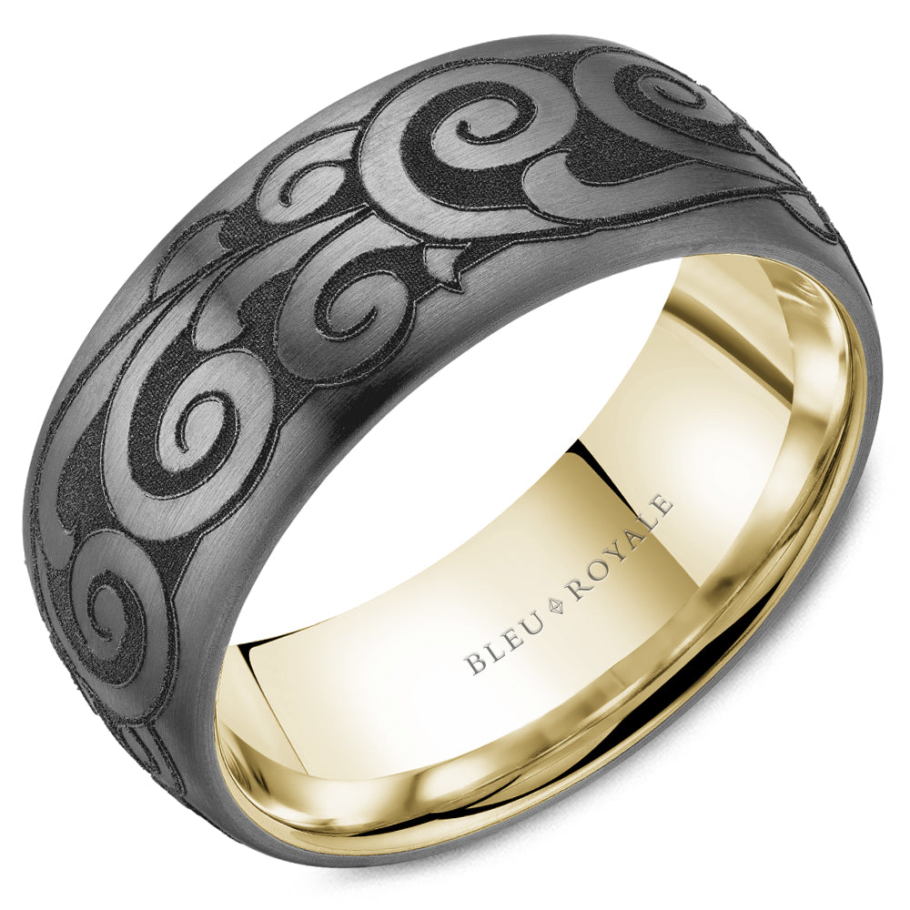 Bleu Royale Tantalum & Yellow Gold Laser Engraved Scrollwork Wedding Band