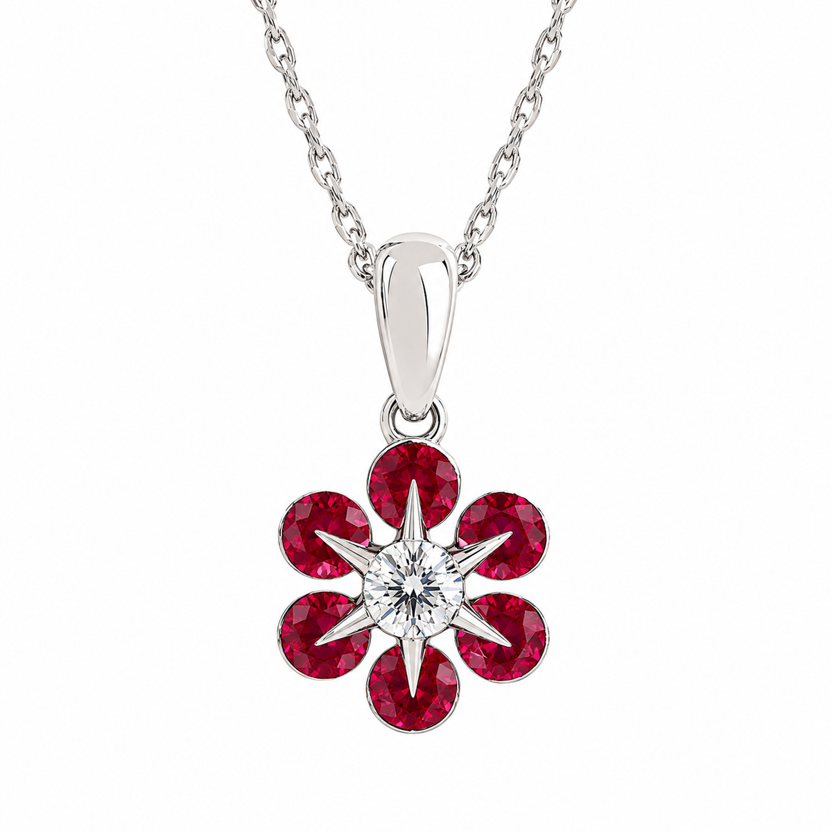 Ben Garelick 14K White Gold Ruby and Diamond Floral Pendant Necklace
