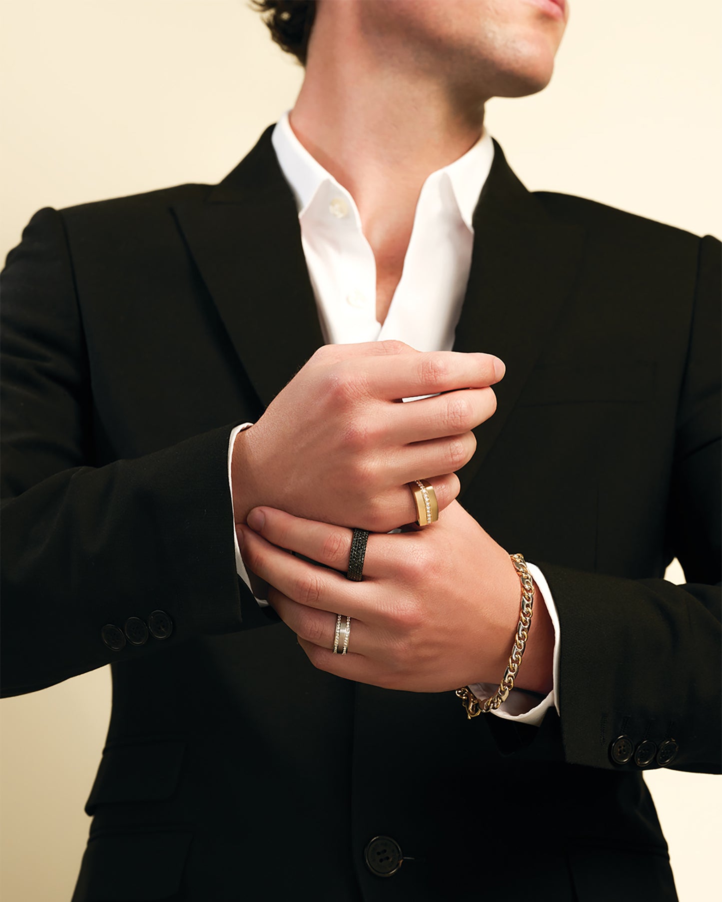 Simon G. Two Tone Double Row Diamond Wedding Band on Model