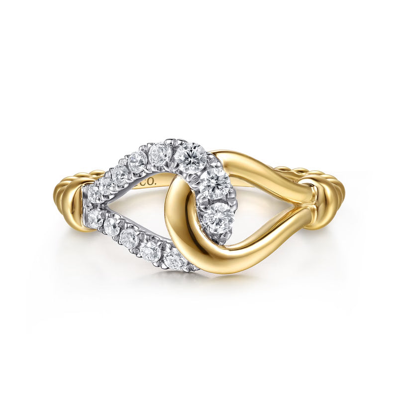 Gabriel & Co. LR53001 Strides stirrup ring with interlocking white gold diamond and yellow gold stirrups on a Bujukan beaded band