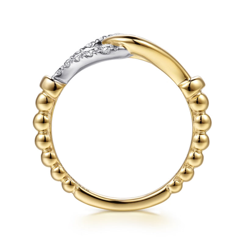 Front view of the Gabriel & Co. Strides stirrup diamond ring in 14K white and yellow gold