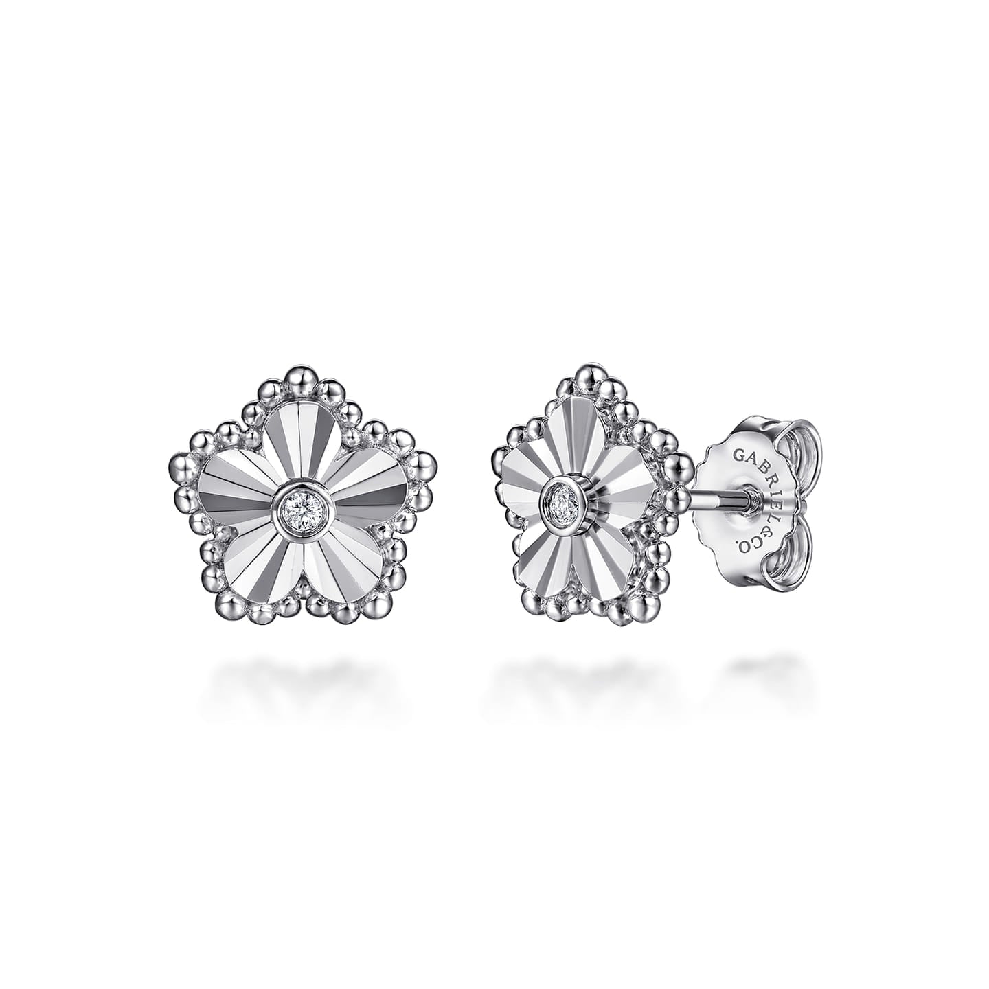 Gabriel & Co. EG15432 sterling silver Bujukan diamond cut flower stud earrings with bezel set center diamonds