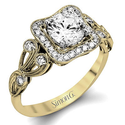 Simon G. Yellow Gold Halo Vintage Inspired Filigree Diamond Engagement Ring