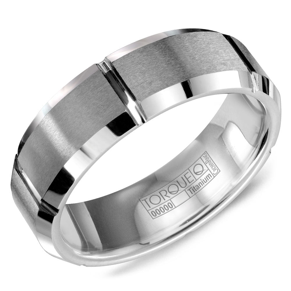 CrownRing Beveled Edge Notched Grey Tungsten Wedding Band