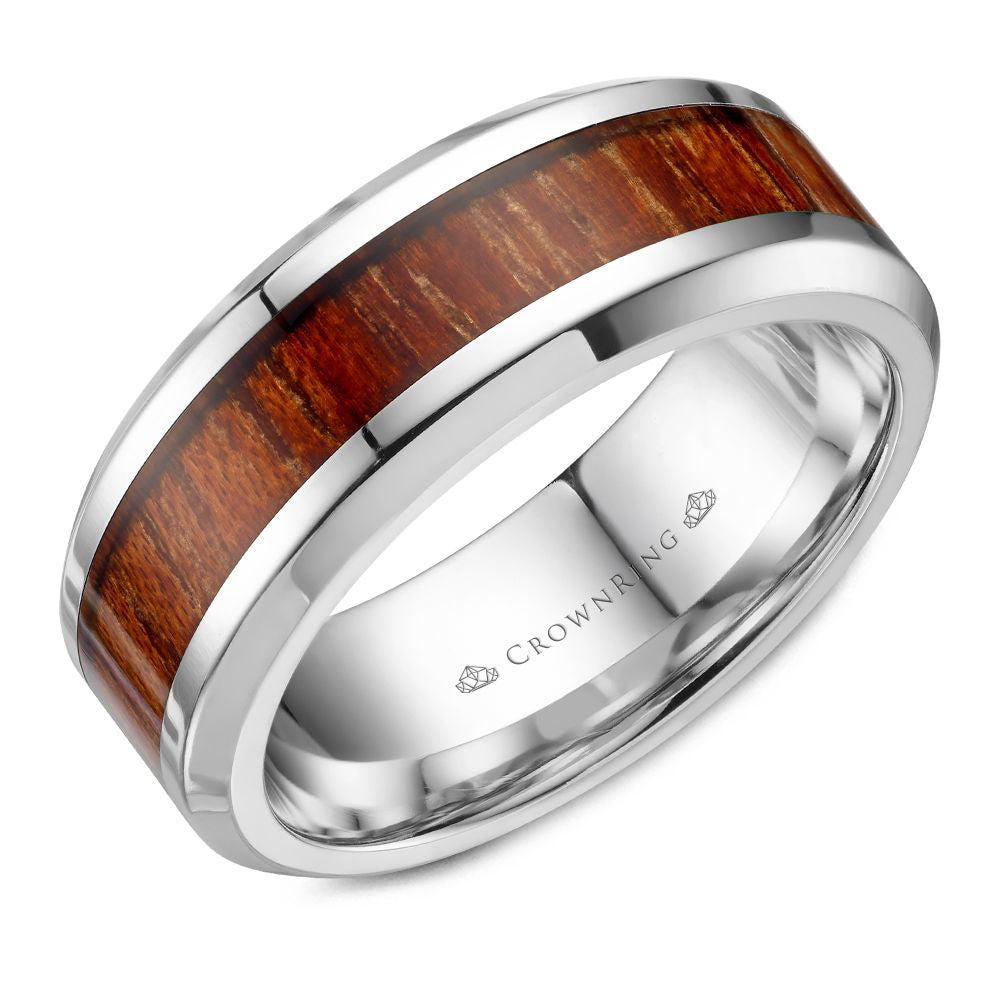 CrownRing White Gold 8MM Wood Inlay Beveled Corner High Polished Wedding Band