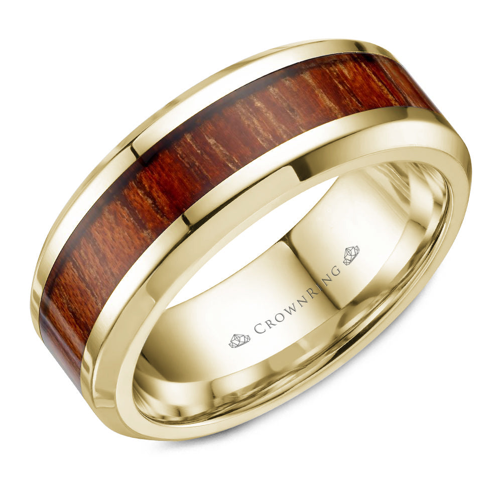 CrownRing Yellow Gold 8MM Wood Inlay Beveled Corner High Polished Wedding Band
