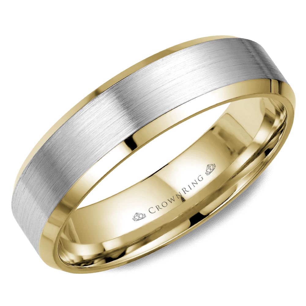 CrownRing White & Yellow Two-Tone Sandpaper Center & High Polish Bevel Cut Edge 6mm Wedding Band