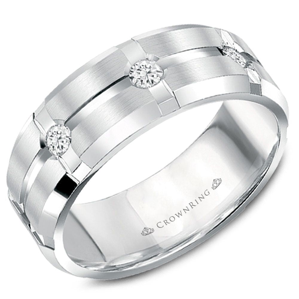 CrownRing White 7mm Satin & High Polish Wide Diamond Station Wedding Band