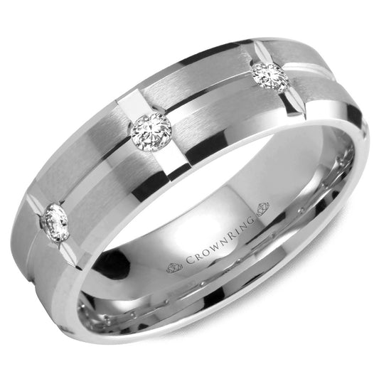 CrownRing White 6mm Satin & High Polish Wide Diamond Station Wedding Band
