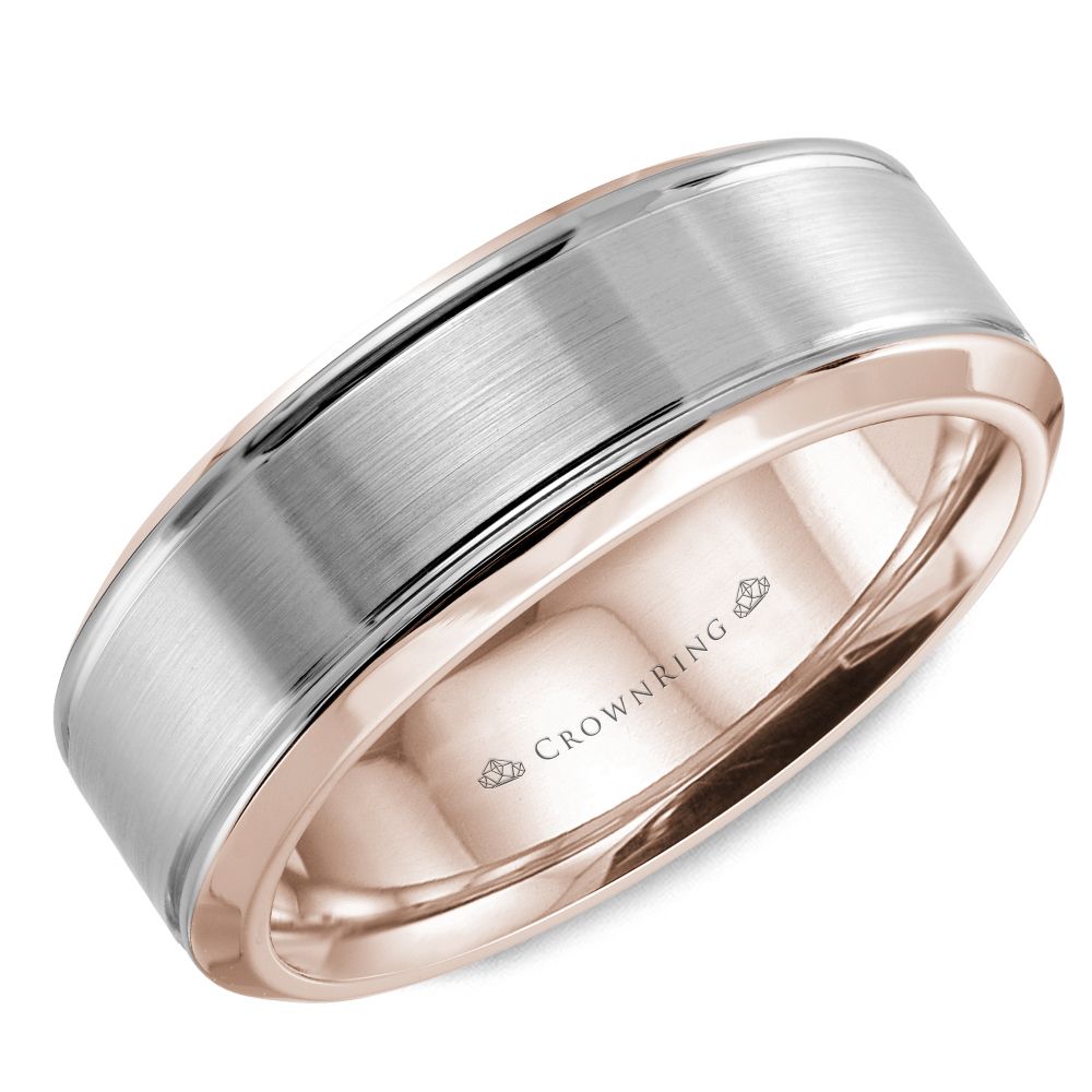 CrownRing White & Rose 6mm Sandpaper Center & High Polish Bevel Edge Wedding Band