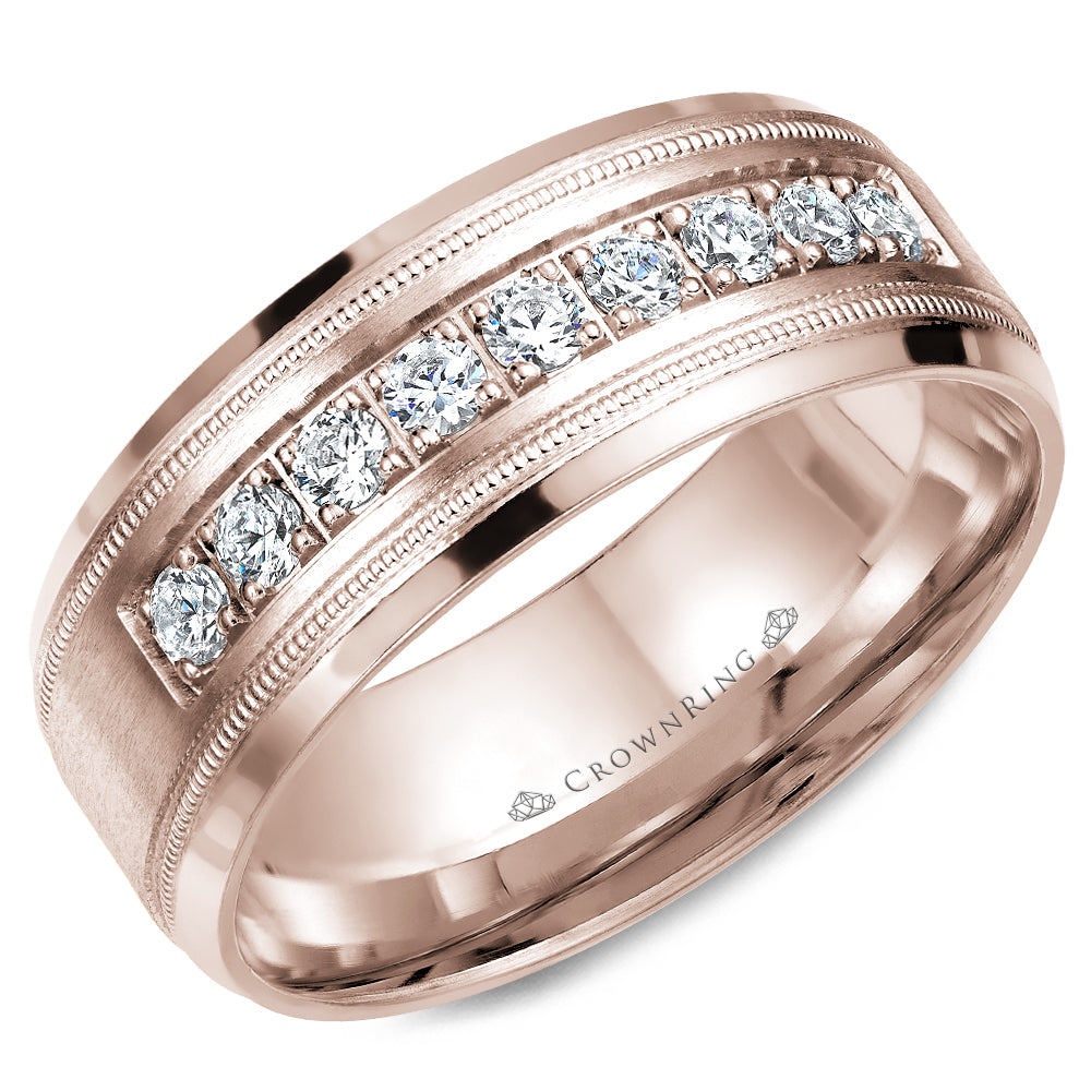CrownRing Rose 8mm Satin & High Polish Wide Round Cut Diamond Wedding Band
