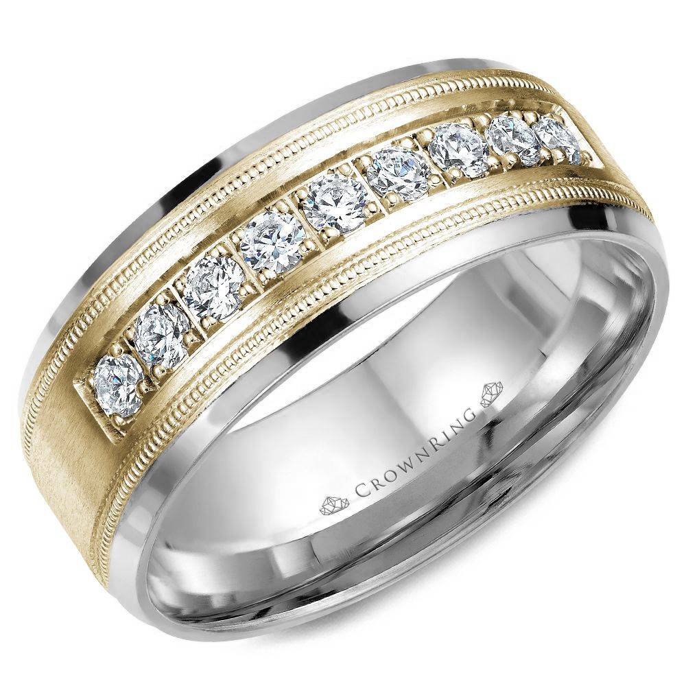CrownRing Yellow & White 8mm Satin & High Polish Wide Round Cut Diamond Wedding Band