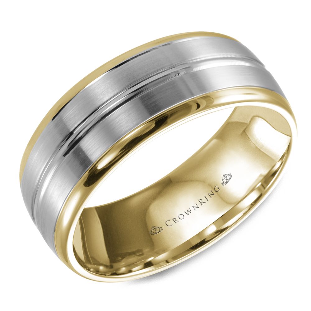 CrownRing White & Yellow 8MM Sandpaper Center & High Polish Grooved Wedding Band