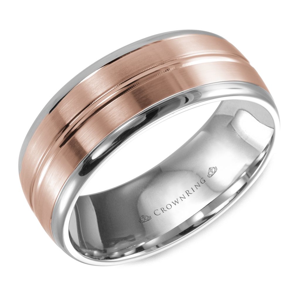 CrownRing Rose & White 8MM Sandpaper Center & High Polish Grooved Wedding Band