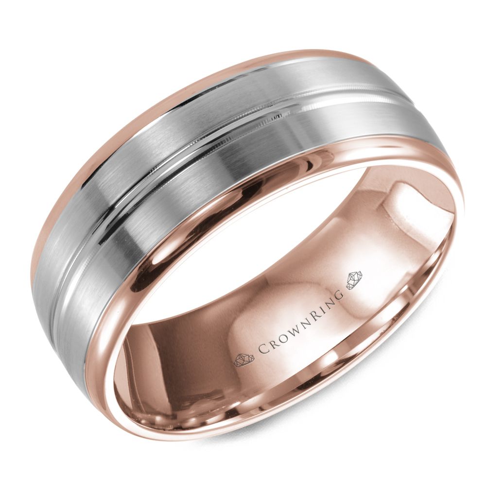 CrownRing White & Rose 8MM Sandpaper Center & High Polish Grooved Wedding Band