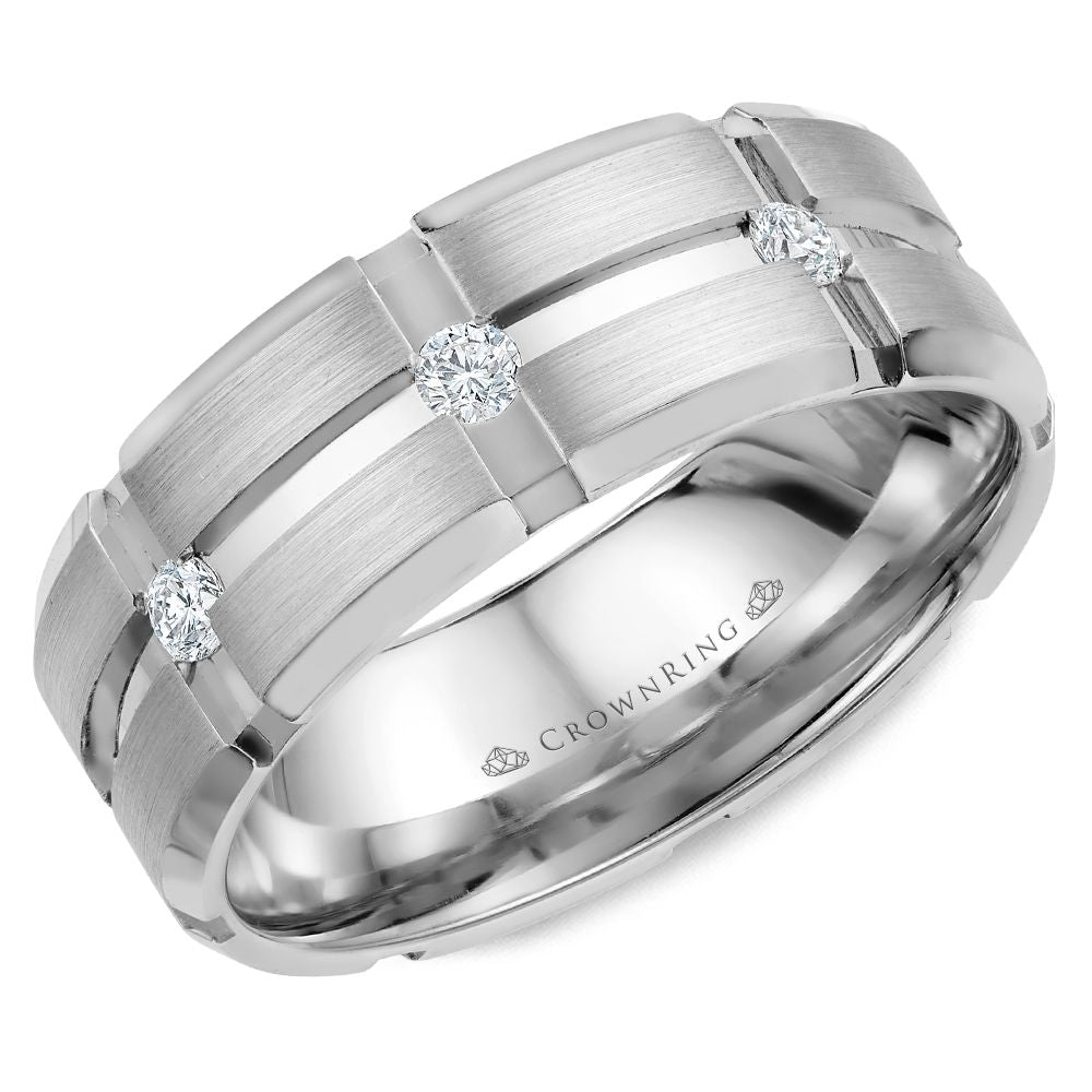 CrownRing White 8mm Satin & High Polish Wide Diamond Station Wedding Band