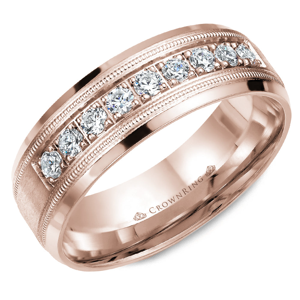 CrownRing Rose 6.5mm Satin & High Polish Wide Round Cut Diamond Wedding Band