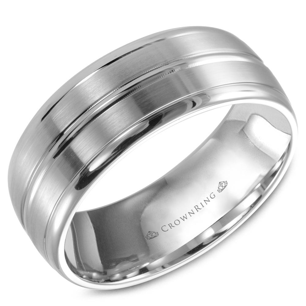 CrownRing White 8MM Sandpaper Center & High Polish Grooved Wedding Band