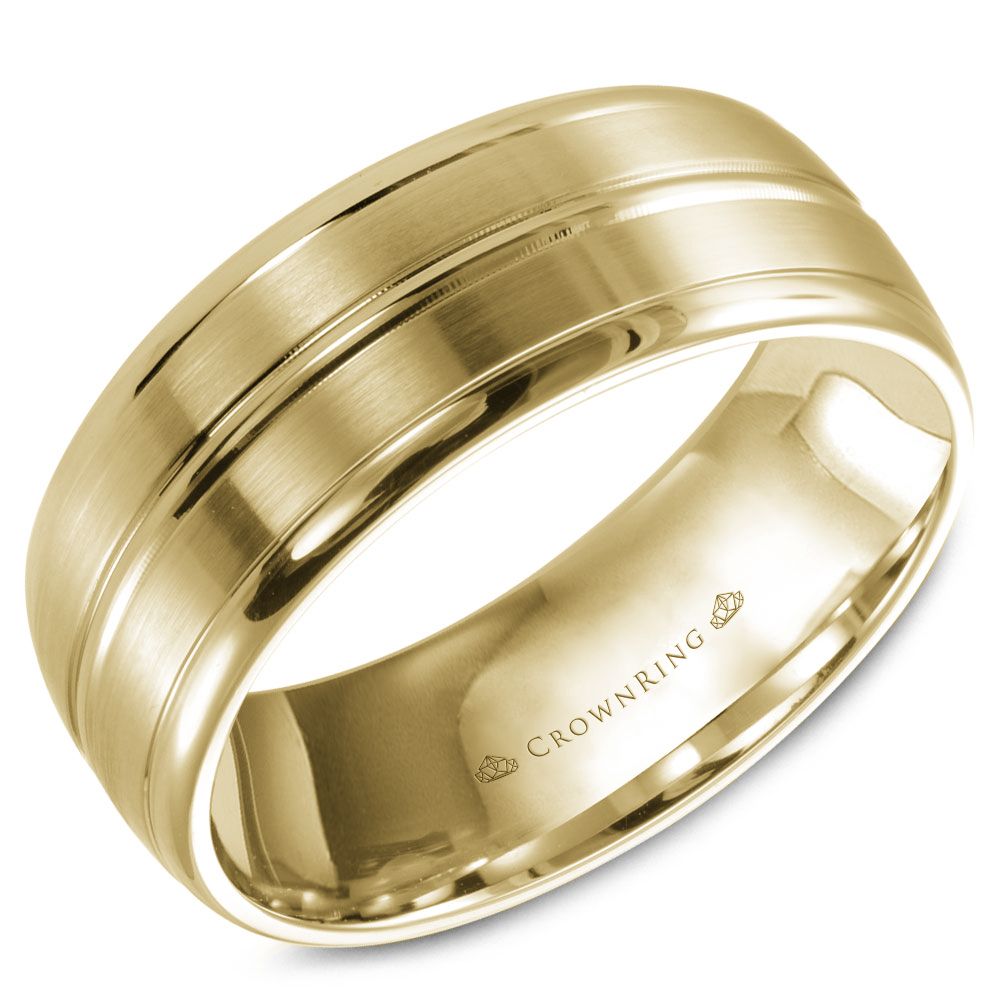 CrownRing Yellow 8MM Sandpaper Center & High Polish Grooved Wedding Band